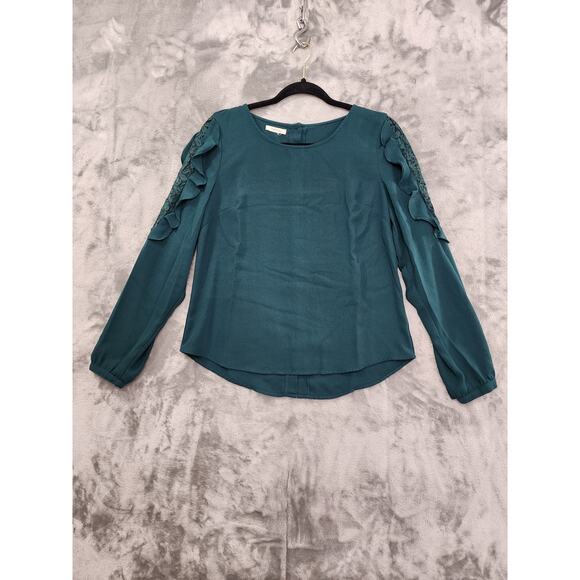 Maurices Ruffled Lace Cold Shoulder Long Sleeve Blouse Size S Green Back Button - Picture 1 of 8